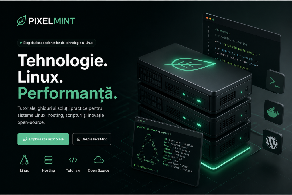 Modern Linux and hosting themed hero image for PixelMint technology platform